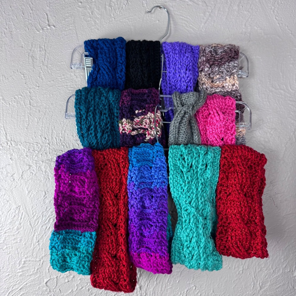 Handmade knit crochet headband bundle of 13 red, black, grey, turquoise, purple
